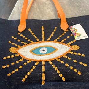 NWT AMERICA BEYOND Embroidered Eye Design Tote Bag - Navy and Orange